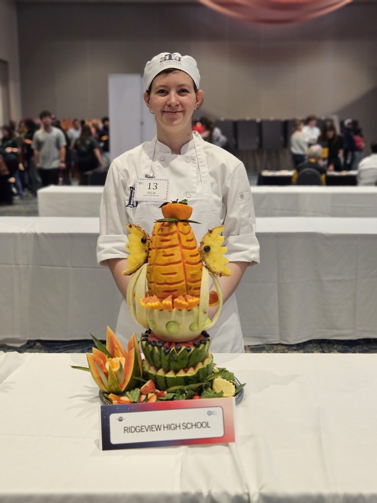 We are so proud of Selia for representing Ridgeview High School this past weekend in Orlando at the ProStart competition, where she competed in the Decorative Food Centerpiece category. This event required creativity, precision, and composure as students designed and carved intricate edible centerpieces under timed, competitive conditions. Selia’s focus, attention to detail, and artistic skill were on full display, and she represented our culinary program and Panther community with professionalism and pride. Opportunities like this showcase the incredible talent and real-world skills our students are developing, and we are so proud of Selia’s hard work and dedication.