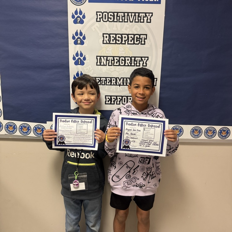 🐯 Tiger Pride Shoutout! 🐯 Asher was nominated by his classmates, who are proud of how hard he has worked and improved this year!  Miguel is being recognized for demonstrating Tiger Pride by showing great sportsmanship!