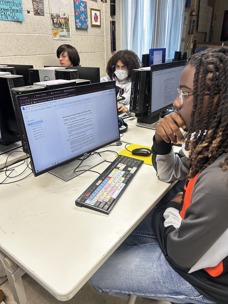 TV Production 1 students worked on developing the foundation of their next project by analyzing film content and organizing ideas digitally before moving into production. Using their workstations, students reviewed a structured movie study, discussed themes and messaging, and practiced the planning and critical-thinking skills essential to strong storytelling. This behind-the-scenes work, script analysis, organization, and intentional design, sets the stage for quality production and helps students understand that great video starts long before the camera ever rolls.