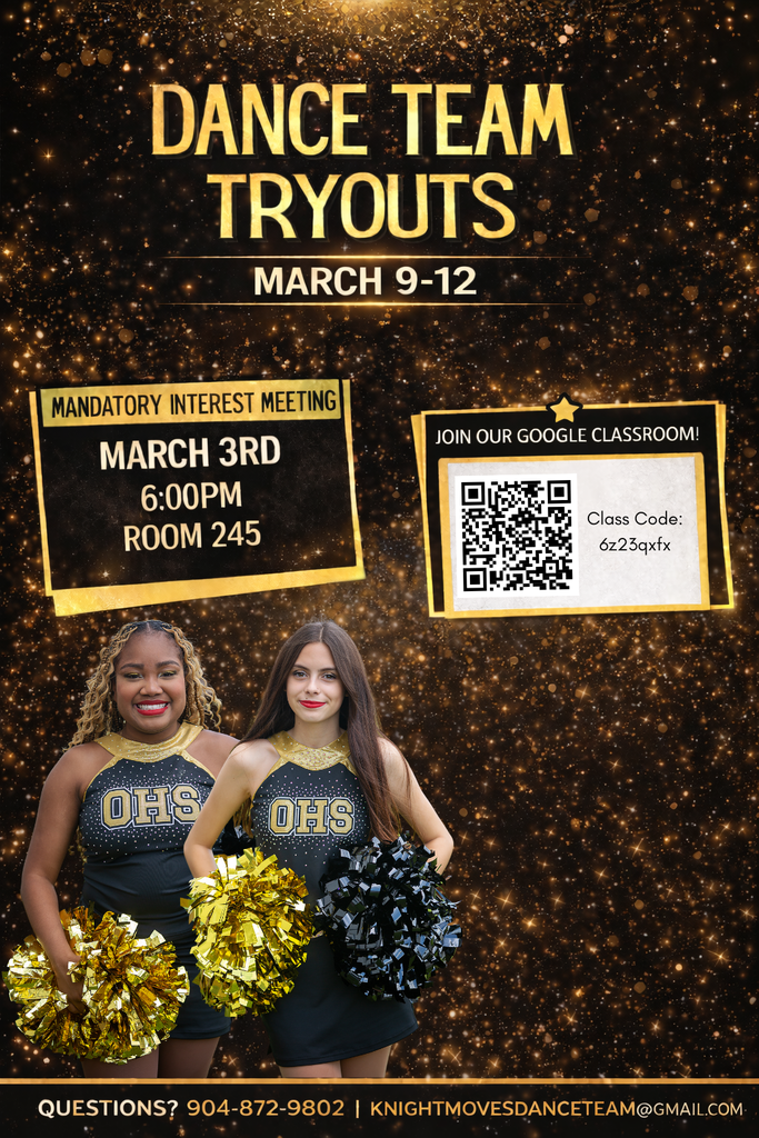 This is your sign.  If you’ve ever dreamed of performing, competing, and being part of something bigger — Knightmoves might be for you.  Mandatory interest meeting: March 3 at 6:00 PM in the OHS Media Center  Scan the QR code or enter code 6z23qxfx to join our Google Classroom and get all the details.  We can’t wait to see what you bring to the floor!