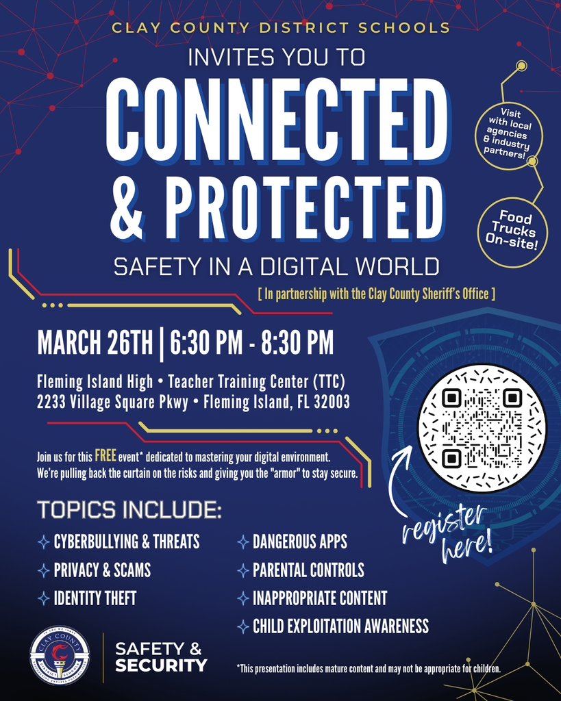 Connected & Protected Safety in a Digital World March 26th from 6:30 to 8:30pm. Doors open at 6:00 pm. Cyberbullying, threats, privacy, scams, identify theft, dangerous apps, parental controls, inappropriate content, child exploitation awareness.