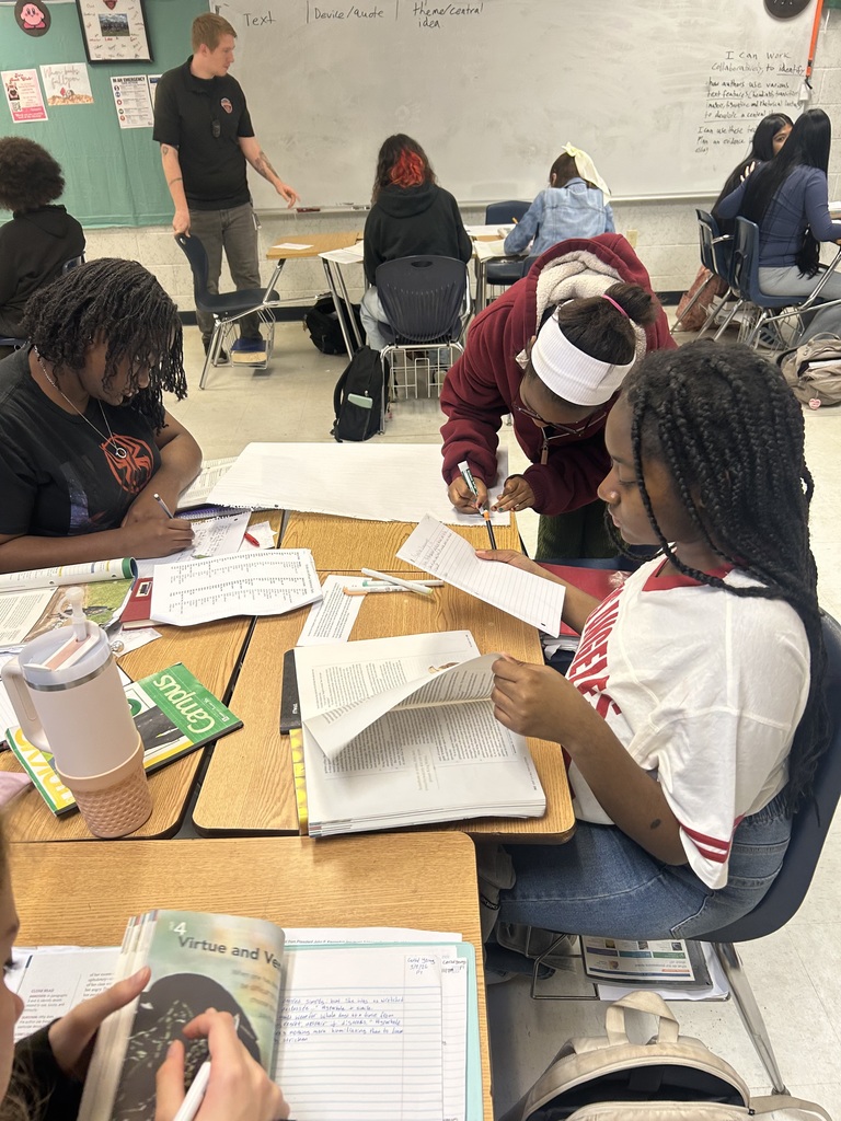 In Mr. Ray’s 10th-grade English class, students engaged in collaborative learning as they analyzed a variety of texts, including The Golden Touch, The Necklace, Civil Peace, In La Rinconada, and a poetry collection. Working in groups, students examined their assigned text to identify figurative language while discussing how these literary devices help develop the central idea. Throughout the lesson, students participated in meaningful academic conversations and supported their thinking with evidence from the text. #PanthersRISE 