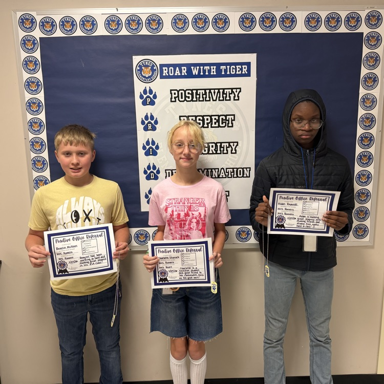We are proud to recognize Braylin, Charlotte, and Aldon for showing great Tiger Pride! 🐯 They are making positive choices and being great role models at school. Keep up the great work!