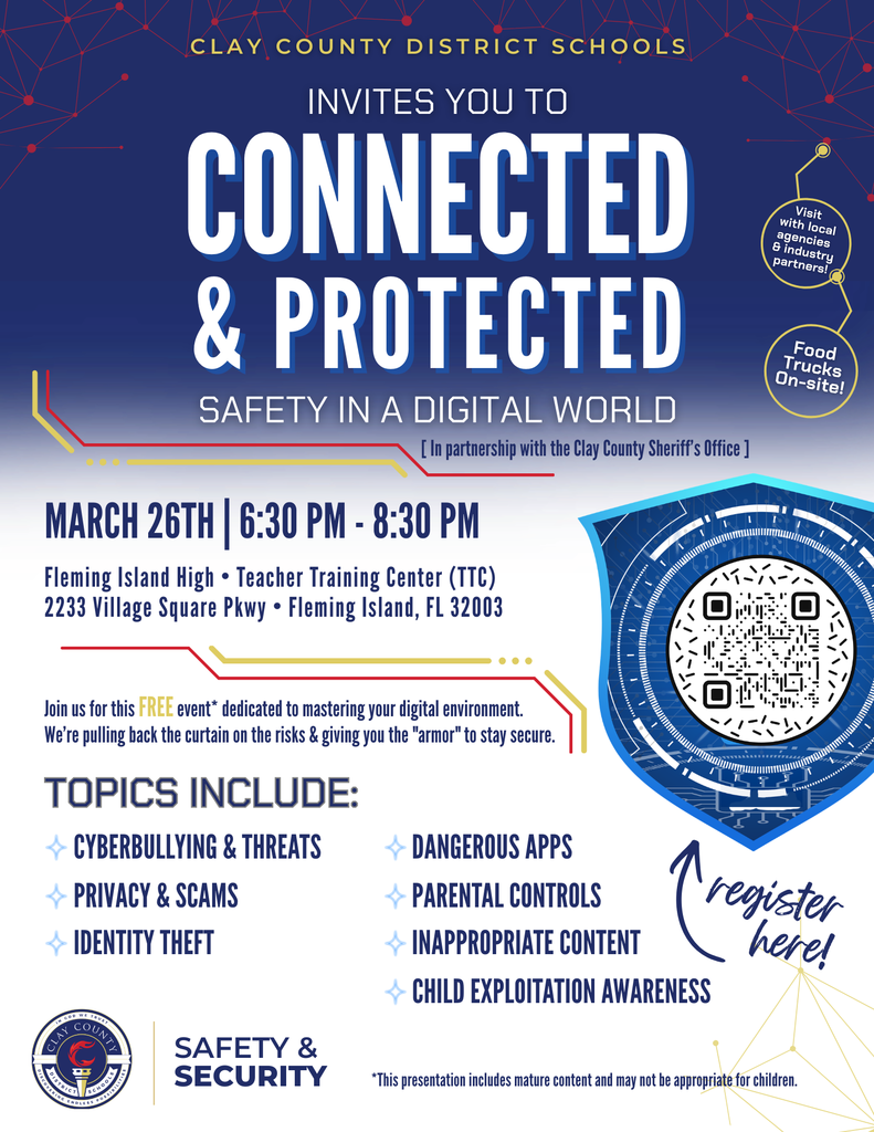 Connected & Protected Safety in a Digital World March 26th from 6:30 to 8:30pm. Doors open at 6:00 pm. Cyberbullying, threats, privacy, scams, identify theft, dangerous apps, parental controls, inappropriate content, child exploitation awareness.