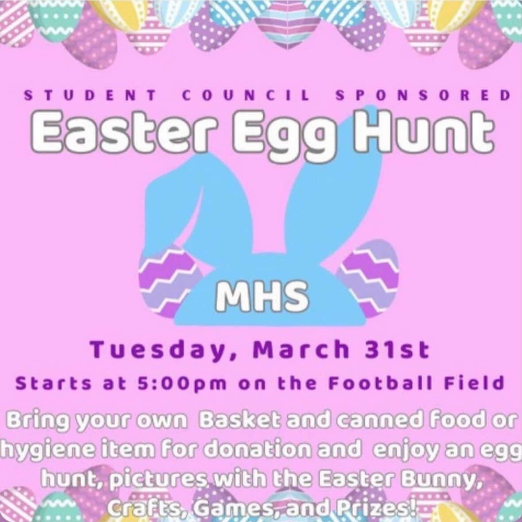 🐰🌸 Join MHS Student Council for an Egg Hunt at Middleburg High School! 🌸🐰  Bring the family out on March 31st at 5:00 PM on the football field for a fun-filled evening!  ✨ Don’t forget: 🥚 Bring your own basket 🥫 Bring a canned good or hygiene item for donation  We can’t wait to see you there for some egg-citing fun! 💛🐣