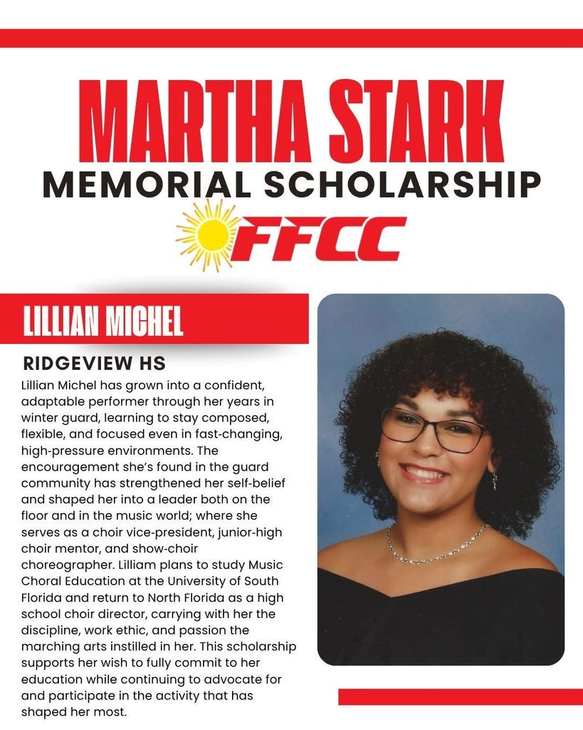 elebrating Excellence and Achievement  Congratulations to Lillian Michel for being selected as a 2026 Florida Federation of Colorguards Circuit (FFCC) Martha Stark Memorial Scholarship Recipient! She was recognized this past weekend for this outstanding accomplishment. We are proud of her dedication, hard work, and commitment to excellence, and we look forward to all she will continue to achieve.