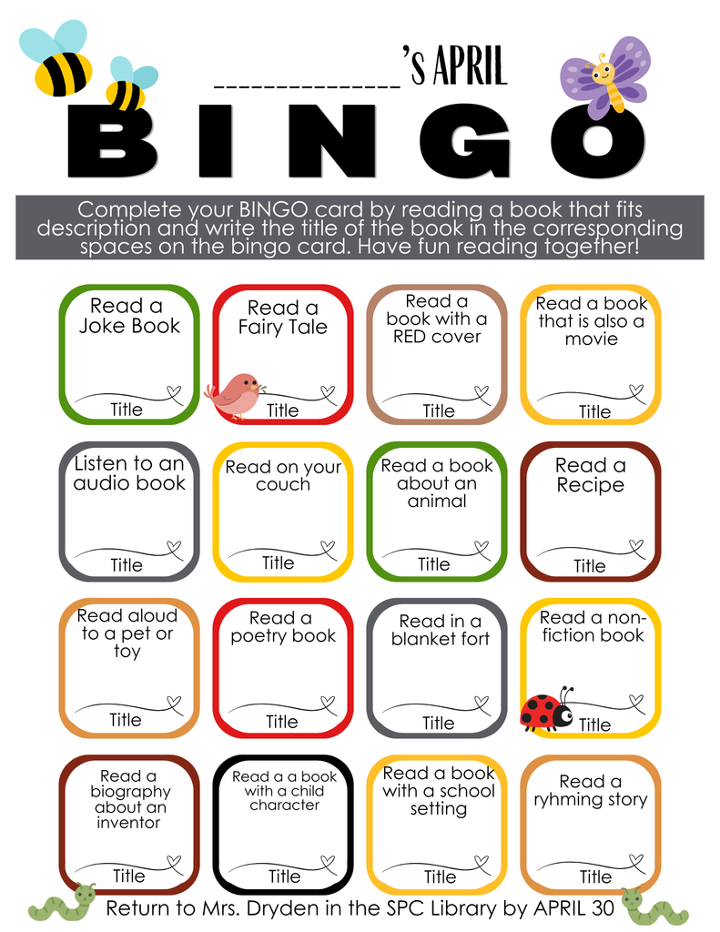 📕🎉Yippy Skippy Alert!🎉📕 Let's celebrate School Library Month with some family reading fun! A paper copy will be coming home in your kidlet's Tuesday folders this week!