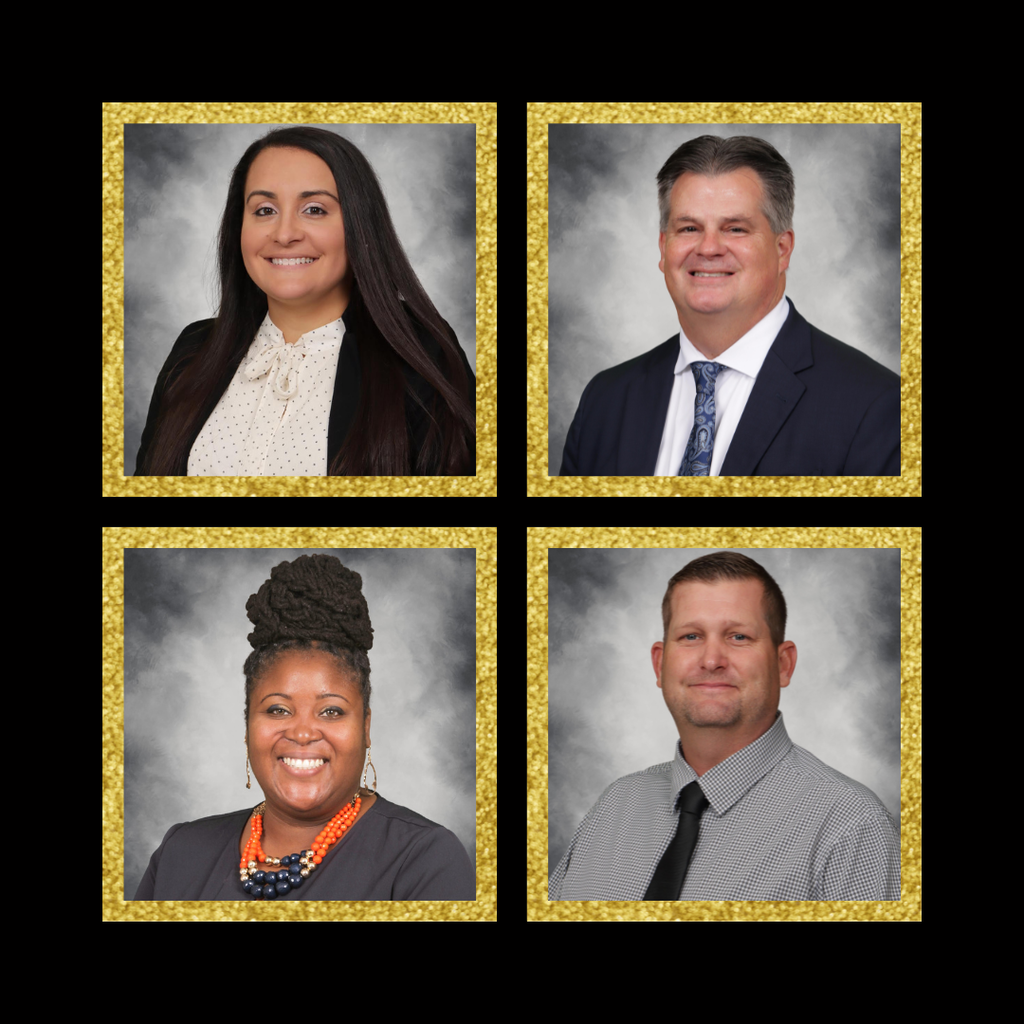 This is an image of the four assistant principals at Oakleaf High School (Mrs. McKenzie, Mr. Linscomb, Ms. mills, and Mr. Rountree) on a black background with fold squares behind each of them, 