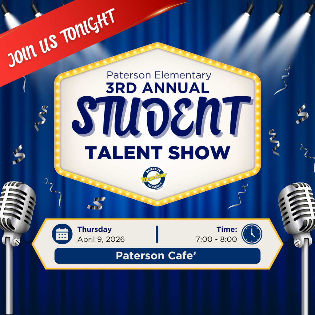 🌟 TONIGHT’S THE NIGHT! 🌟 The wait is finally over! Grab your family and friends and head over to the school because the 3rd Annual Manatee Talent Show is officially here! 🎭✨  Our incredible 3rd–6th graders have been rehearsing and they are ready to blow you away with music, magic, dance, and comedy. You won’t want to miss a single minute of the fun!  The Details:  📅 When: TONIGHT, Thursday, April 9th ⏰ Time: 7:00 PM – 8:00 PM 📍 Where: The Cafeteria  What’s in Store: ✨ A showcase of our amazing student stars! ✨ Family-friendly fun for everyone. ✨ A night of school spirit and community.  Admission is FREE. Let’s fill the cafeteria and cheer on our talented Manatees as they take the stage! 🌊🎤👏