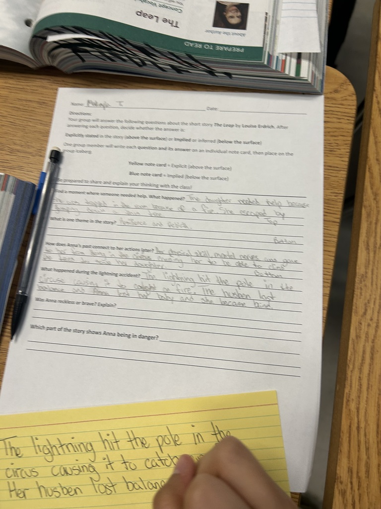 Students in Ms. Michaels and **Mr. Gonzalez’s Junior English class were engaged in a powerful lesson using Iceberg Theory while analyzing The Leap by Louise Erdrich. Through collaboration, discussion, and text-based evidence, students explored the difference between what is explicitly stated in a story and what is implied beneath the surface.  Using group tasks, written responses, and meaningful academic conversations, students strengthened critical reading skills by making inferences, supporting claims with evidence, and explaining their thinking. Lessons like this prepare students not only for assessments, but for deeper understanding and thoughtful analysis.  Great things are happening in our classrooms every day at Ridgeview!