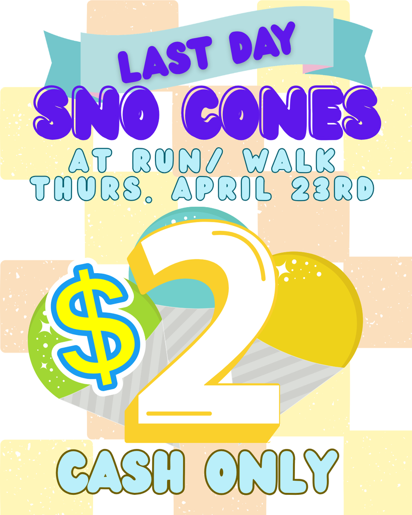 Hey Manatee Families! 🐾 Just a heads up that this Thursday (4/23) is the final sno cone day with Coach Vann! 🍧  If your kids want one during the Run/Walk, make sure to send them with $2.00 cash. It’s the last one of the year, so don't miss out! 🏃‍♀️🏃‍♂️
