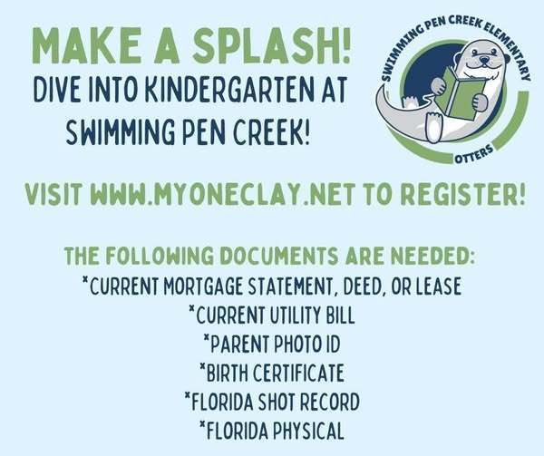 🌊 Make a Splash in Kindergarten! 🦦  Is your little one ready to dive into their next big adventure? Kindergarten registration for Swimming Pen Creek Elementary is officially open! We can't wait to welcome our newest little Otters to the family. 💙  To get started, visit www.myoneclay.net to register online. 💻  📋 Registration Checklist To make the process as smooth as a slide into the water, please have the following documents ready:  🏠 Proof of Residency: Current mortgage statement, deed, or lease  ⚡ Utility Bill: A current copy  🆔 Parent Photo ID  🎂 Birth Certificate  💉 Florida Shot Record  🩺 Florida Physical  We are so excited to see these new faces in our halls! Help us spread the word by tagging a neighbor or friend with a rising Kindergartner below. 👇