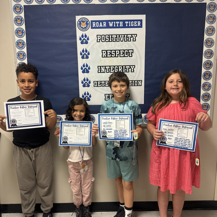Congratulations Adrian, Laiken, Landon, and Haven on earning Positive Office Referrals for showing Tiger Pride! 🎉