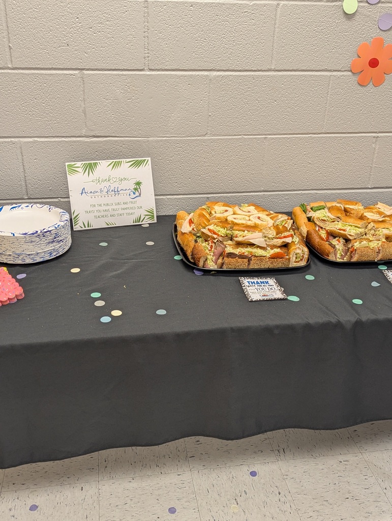 We are SO excited to shower our incredible teachers and staff with love this week! 🍎✨ Since National Teacher Appreciation Week falls during our FAST testing schedule, we decided to get the party started early! A massive shout-out to Aiosa & Hoffman Orthodontics in Fleming Island for the delicious subs and fruit trays—our tummies are full and our hearts are fuller! 🥪🍓 We are beyond grateful for our amazing business sponsors who are helping us make this week extra special for our hardworking team. Let’s hear it for our staff! 👏👏 #positivelypaterson #teacherappreciationweek #ThankYouForSupportingUs