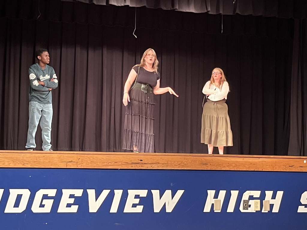 Three individuals stand on a stage with a "Bridgeview High School" backdrop. Two are women, one in a skirt and the other in a dress. The man wears a gray shirt.