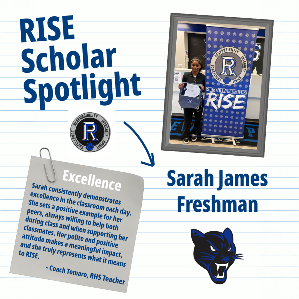 A spotlight featuring a student, Sarah James, with a certificate, text, and a school emblem.