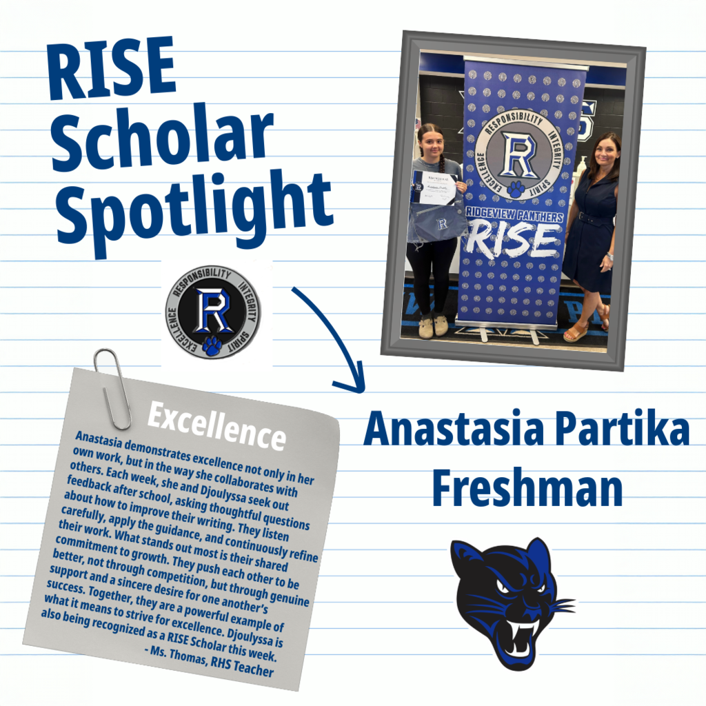 Display of a student's recognition, featuring the Rise Scholar Spotlight with a blue banner, a student holding a certificate, and a school mascot.