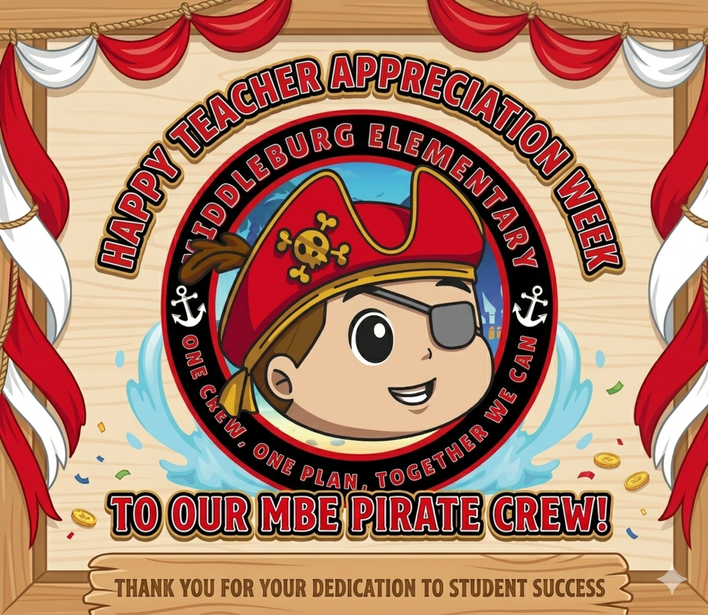 Pirate-themed sign with red hat, eyepatch, and red frame. Words "Happy Teacher Appreciation Week" in red. Text "To Our MBE Pirate Crew!" below.