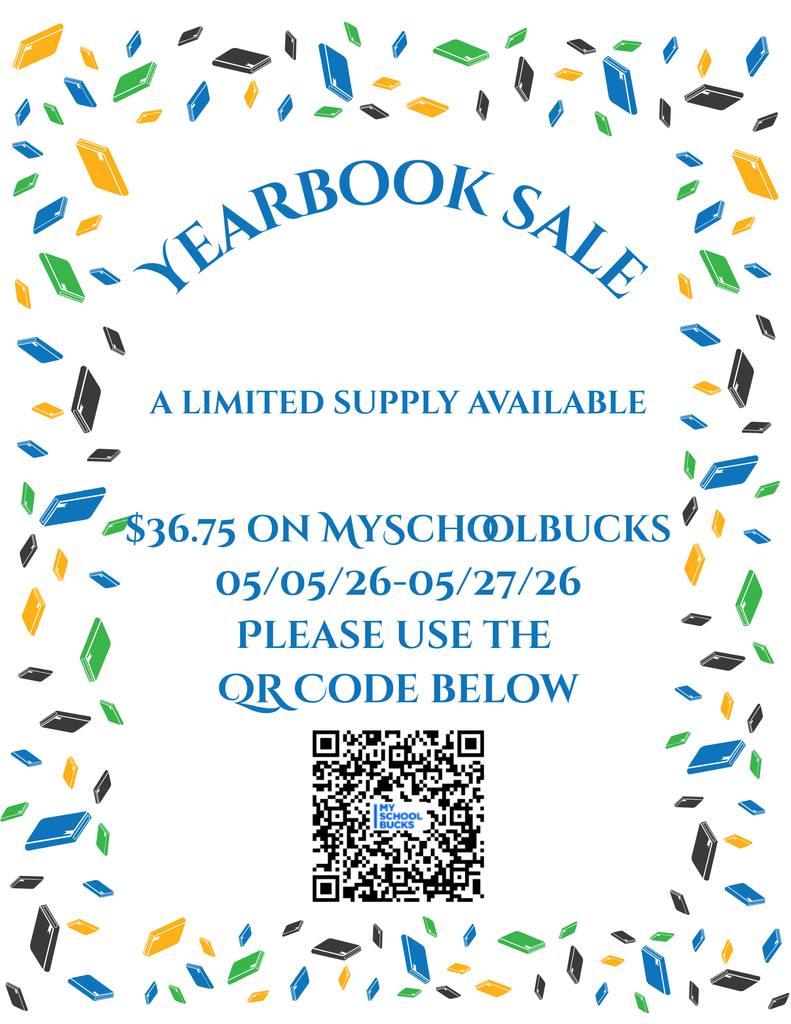 White backdrop with a border of multicolored shapes. "Yearbook Sale" text above "A limited supply available." Price and date range below. QR code at the bottom.