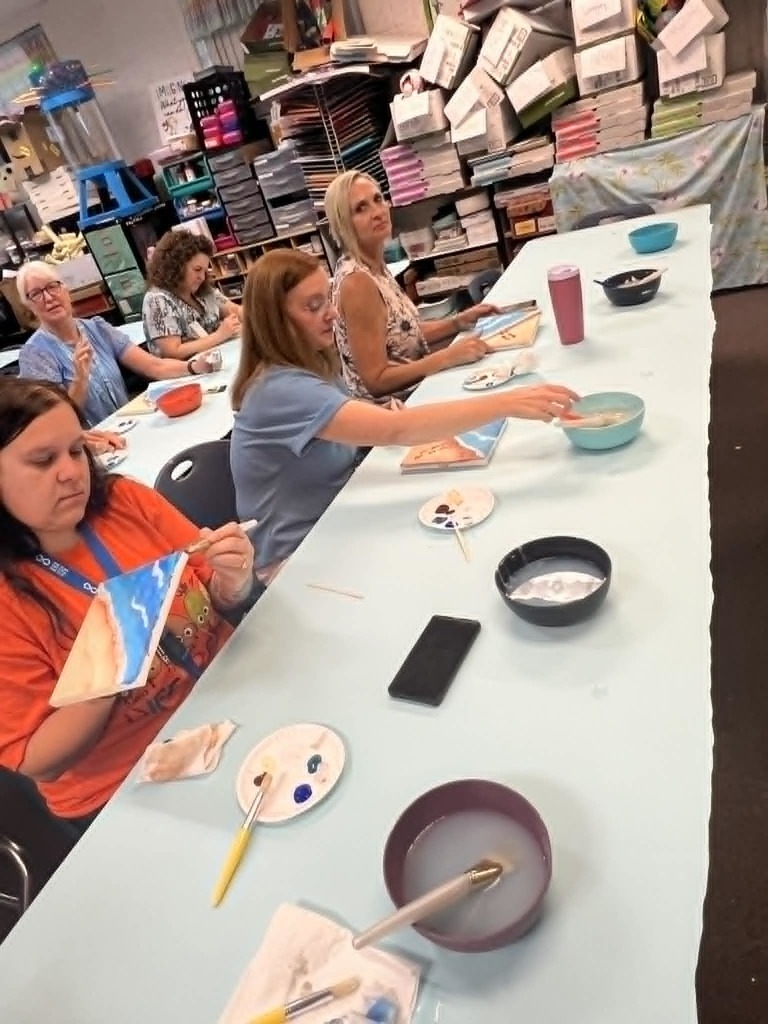 🎨🖌Faculty Art Fun!🖌🎨 We had such a great time CRUISIN' during Faculty/Staff Appreciation Week! One of our activities was painting a beach season that was led by our amazing Mrs. Pickman!