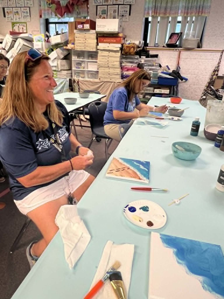 🎨🖌Faculty Art Fun!🖌🎨 We had such a great time CRUISIN' during Faculty/Staff Appreciation Week! One of our activities was painting a beach season that was led by our amazing Mrs. Pickman!