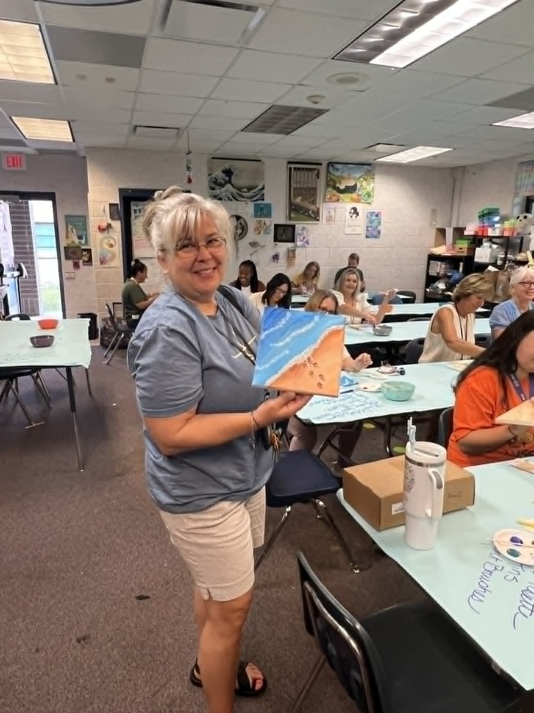 🎨🖌Faculty Art Fun!🖌🎨 We had such a great time CRUISIN' during Faculty/Staff Appreciation Week! One of our activities was painting a beach season that was led by our amazing Mrs. Pickman!