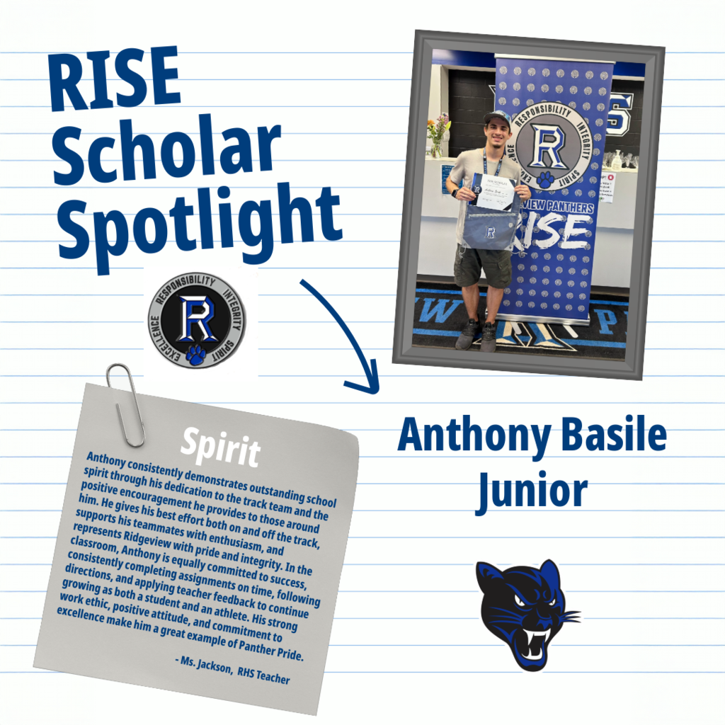 An award spotlight features a student named Anthony Basile with a school emblem and a blue paw print in the background.