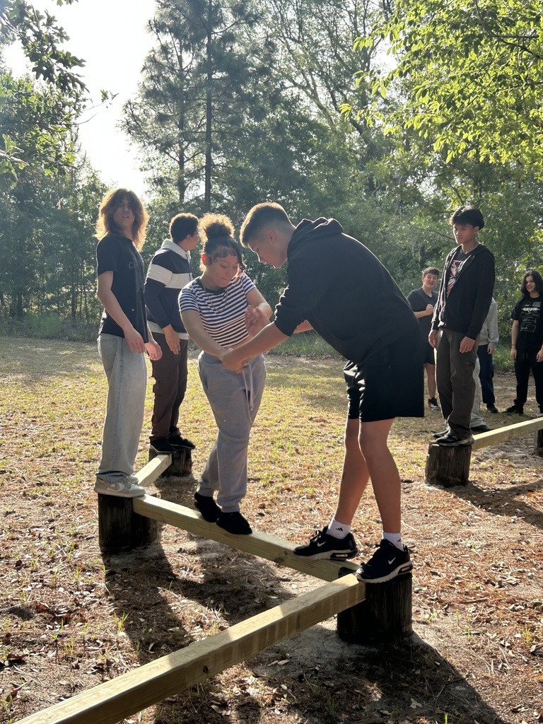 People, some balancing on narrow wooden beams, standing in a forested area. Background includes trees and ground.