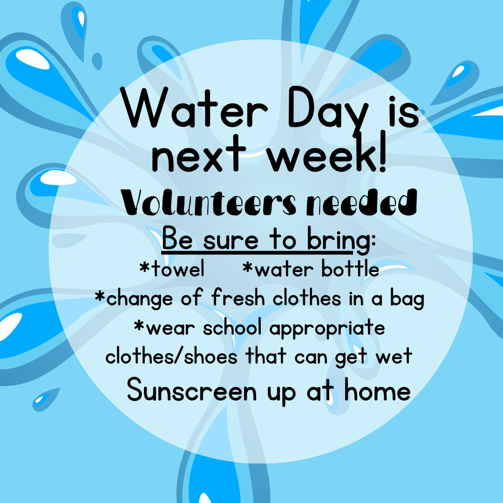 We are excited to announce our upcoming Water Day, a fun-filled event to celebrate the end of the school year!  Date:  Thursday, May 21st  Time:  K-2, EC, LE 9:00-11:00  3-6th, UE 12:00-2:00  Students will rotate through a variety of supervised water activities, including large inflatable waterslides, sprinklers, water games, and more. This is always a highlight for our students, and we look forward to a safe and enjoyable day for everyone.  Lunch Order: Please complete the Google Form for EACH student in your family so we can plan accordingly for our modified lunch on this day.  https://forms.gle/eT3XVMXyMgk5UnVG6  Volunteers: Water Day isn't possible without our Amazing Volunteers!  https://www.signupgenius.com/go/4090549A9AC2EA5F58-63012659-spcwater   What to Bring:  Swimsuit or clothes that can get wet (please follow school dress code)  Towel  Change of clothes  Water shoes or sneakers (no flip-flops, please)  Sunscreen (applied at home; labeled if sending with your child)  Reusable water bottle  Important Reminders:  Students much have a signed Waiver to participate on inflatables. This is the same Waiver filled out from Field Day.  All activities will be closely supervised by staff.  Please ensure all items are clearly labeled with your child’s name.  Thank you for your support in making this a memorable experience for our students!