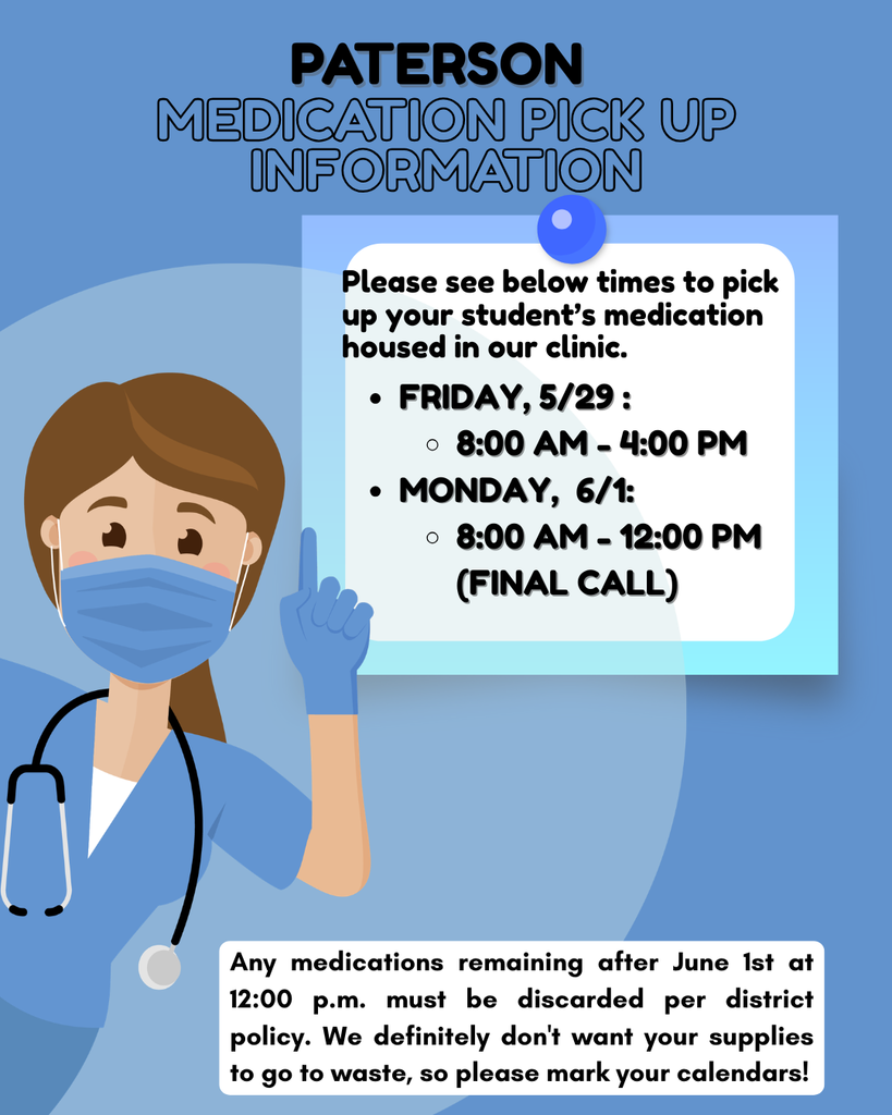 💊 Important: End-of-Year Medication Pickup  Manatee Parents and Guardians!  As we wrap up the school year, we want to make sure all student medications housed in our clinic make it back home safely. Please take note of the following pickup details:  ➡️ Policy Reminder: For safety reasons, medication cannot be sent home in student backpacks. A parent or guardian must pick them up in person at the school clinic.  ➡️ The Deadline: Any medications remaining after June 1st at 12:00 p.m. will be discarded per district policy. We definitely don't want your supplies to go to waste, so please mark your calendars!  🗓️ Pickup Dates & Times: Friday, May 29th 8:00 a.m. – 4:00 p.m. Monday, June 1st 8:00 a.m. – 12:00 p.m.   Thank you for helping us keep our students safe and our records up to date!