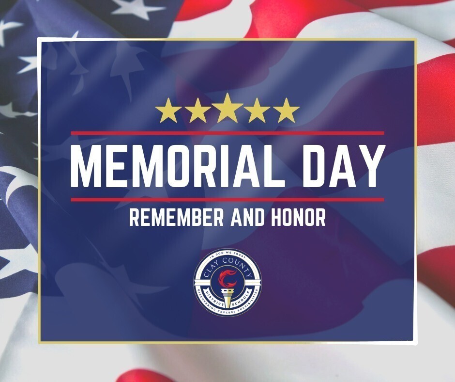 Memorial Day text over a blue background with four yellow stars. The flag of the United States is in the background.