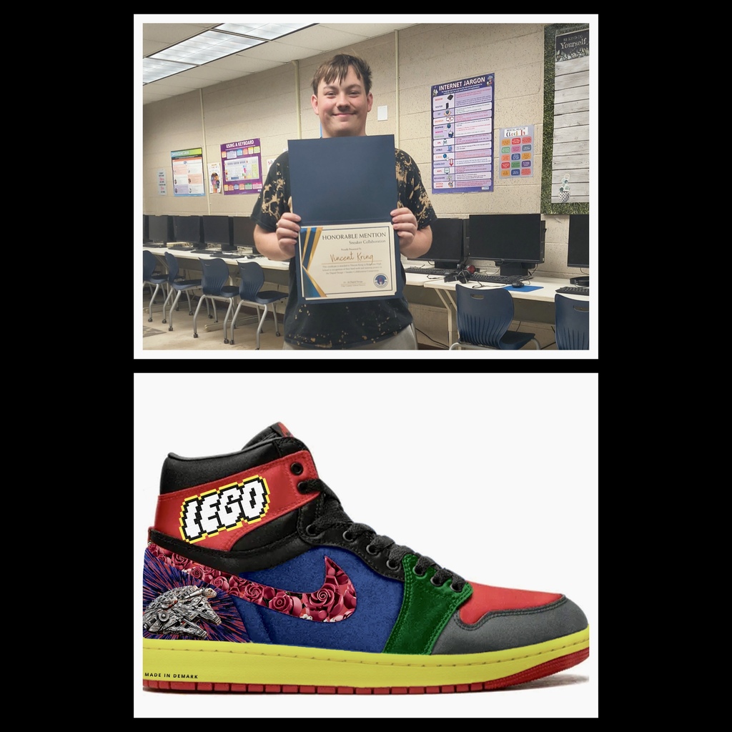 Two images: top, person holding certificate in classroom; below, colorful sneaker with Nike, LEGO, and other designs.