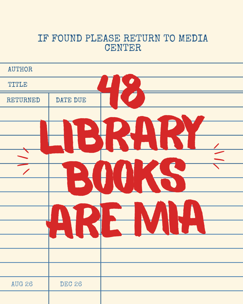 A library card with "48 Library Books Are MIA" in red text. Fields for author, title, return date, and due date.