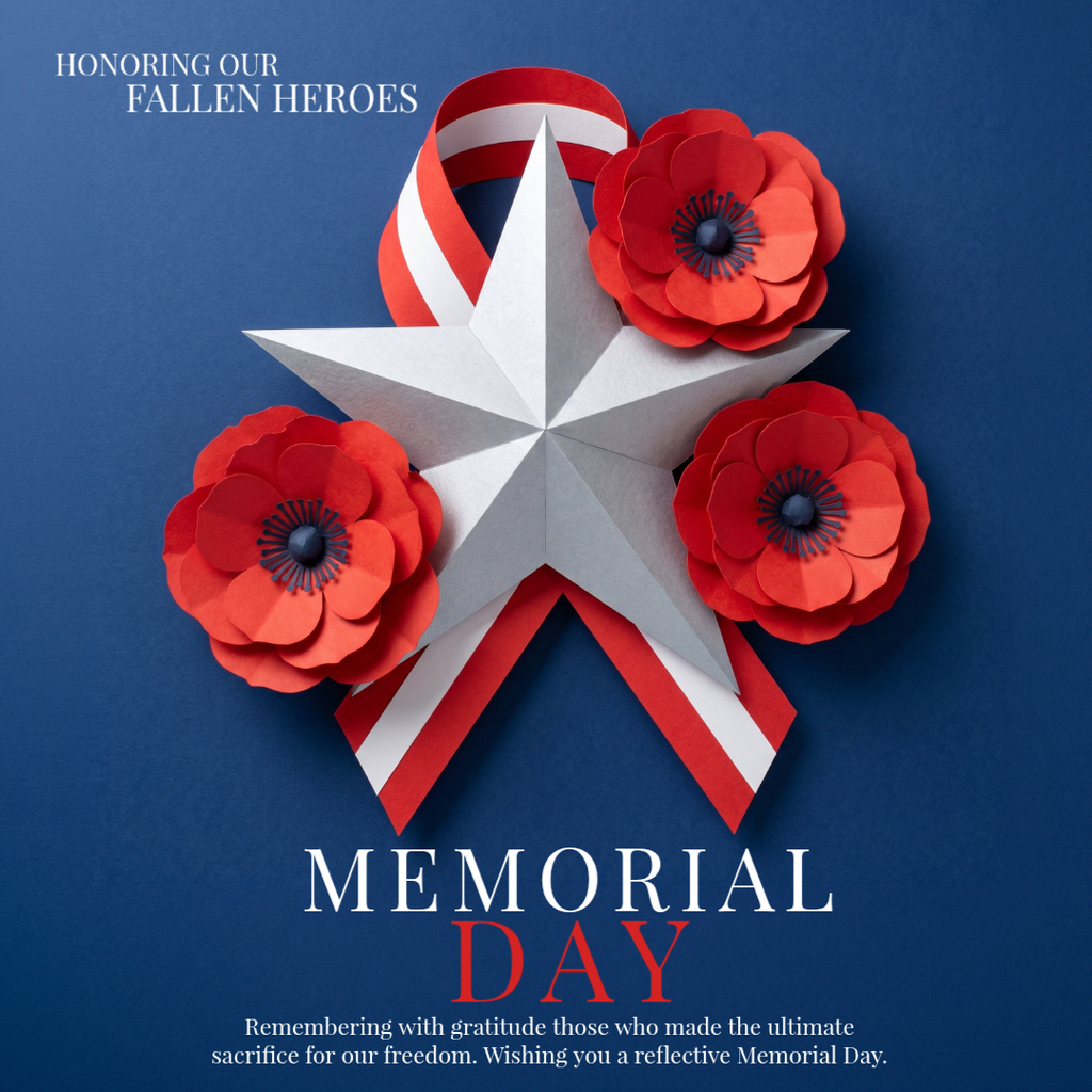 Star and poppies design on blue background with "Memorial Day" text. Red and white ribbons surround the star.