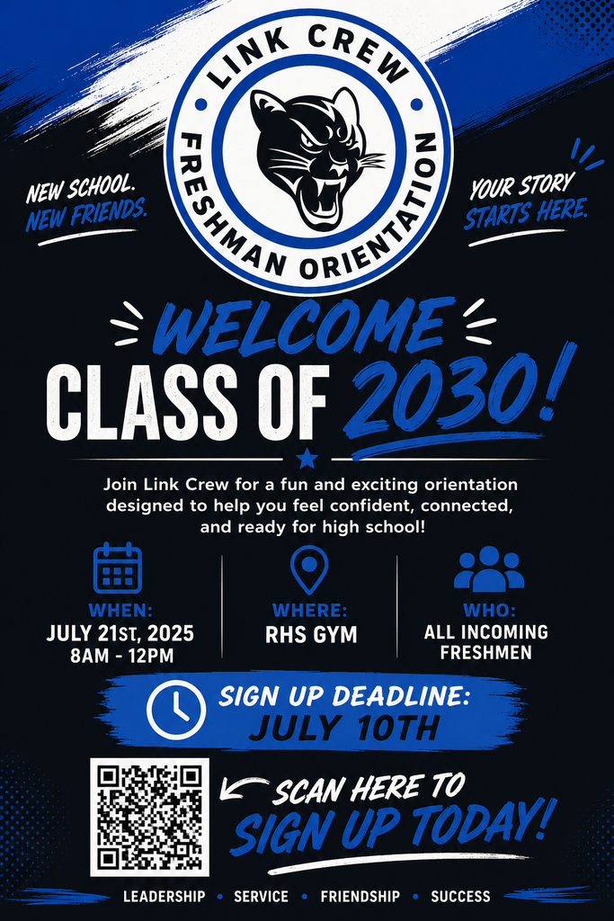 An orientation flyer for the class of 2030 with blue and black background. It includes details about date, time, location, and QR code.