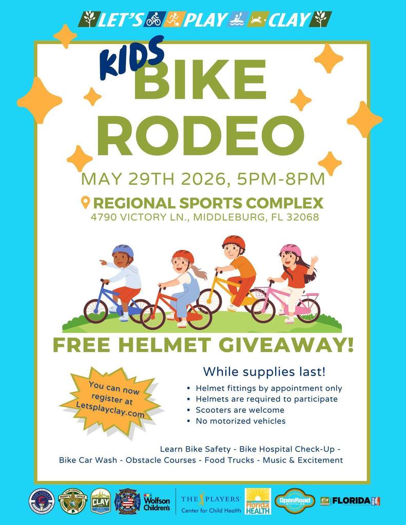 A poster for the Kids Bike Rodeo event on May 29th, 2026, from 5 PM to 8 PM at Regional Sports Complex.