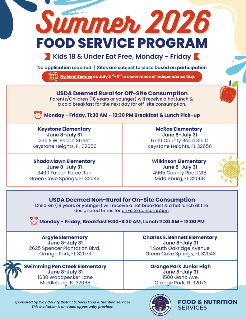 Flyer with text and icons for a Summer 2026 Food Service Program. Details include dates, times, and locations for free breakfast and lunch pick-up.