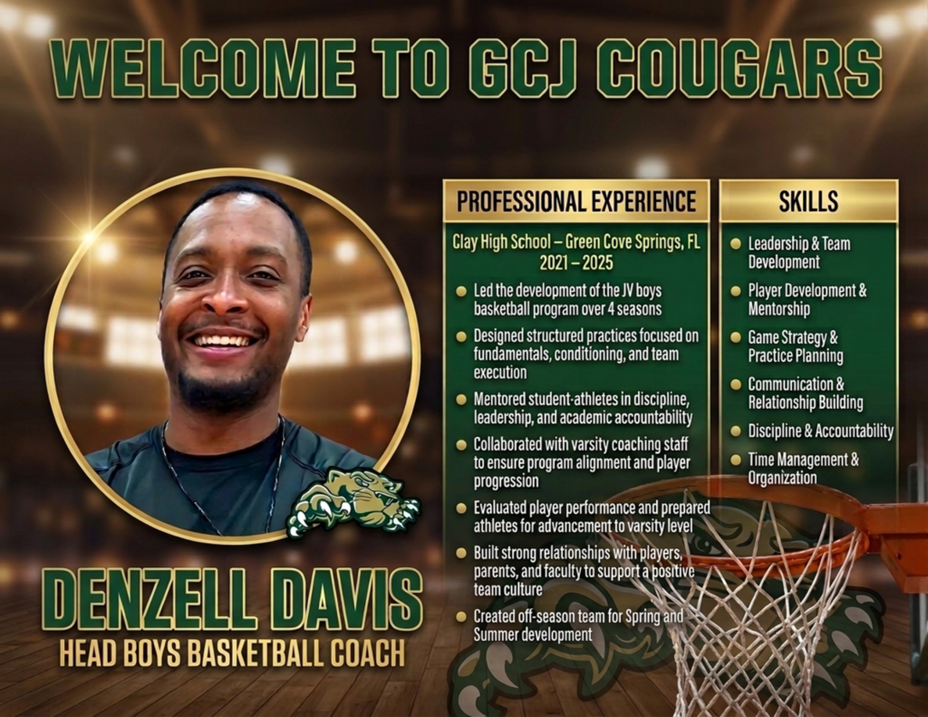 A poster displays a photo of Denzell Davis, the head boys' basketball coach, with a smile. Below it, information includes professional experience and skills.