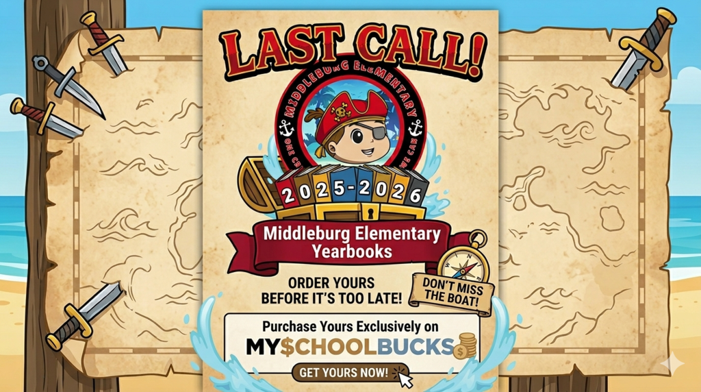 A poster with a cartoon character wearing a hat. The poster is for Middleburg Elementary Yearbooks 2025-2026.