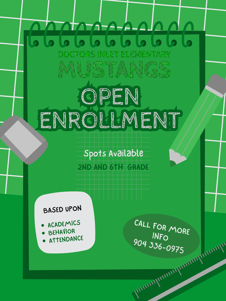 Green-themed flyer with "Open Enrollment" at top. Pencil and eraser on right. Contact info at bottom.