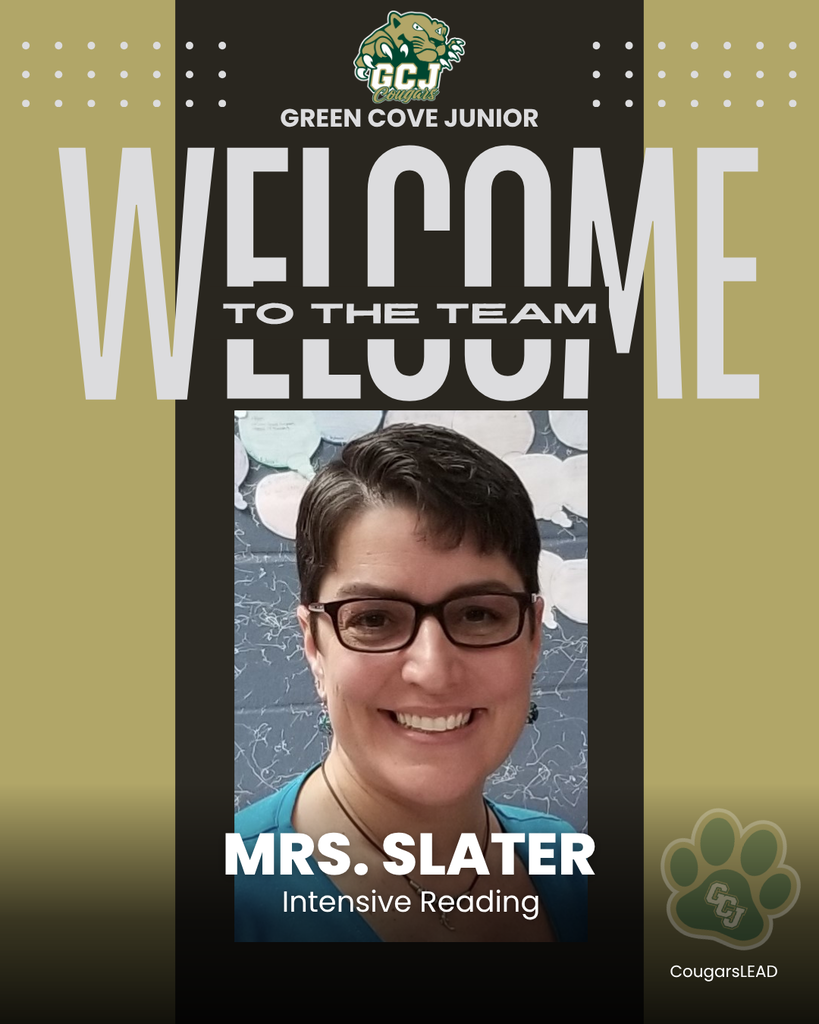 Poster with text reading "Welcome to the Team Mrs. Slater Intensive Reading" with a picture of a smiling woman wearing glasses.