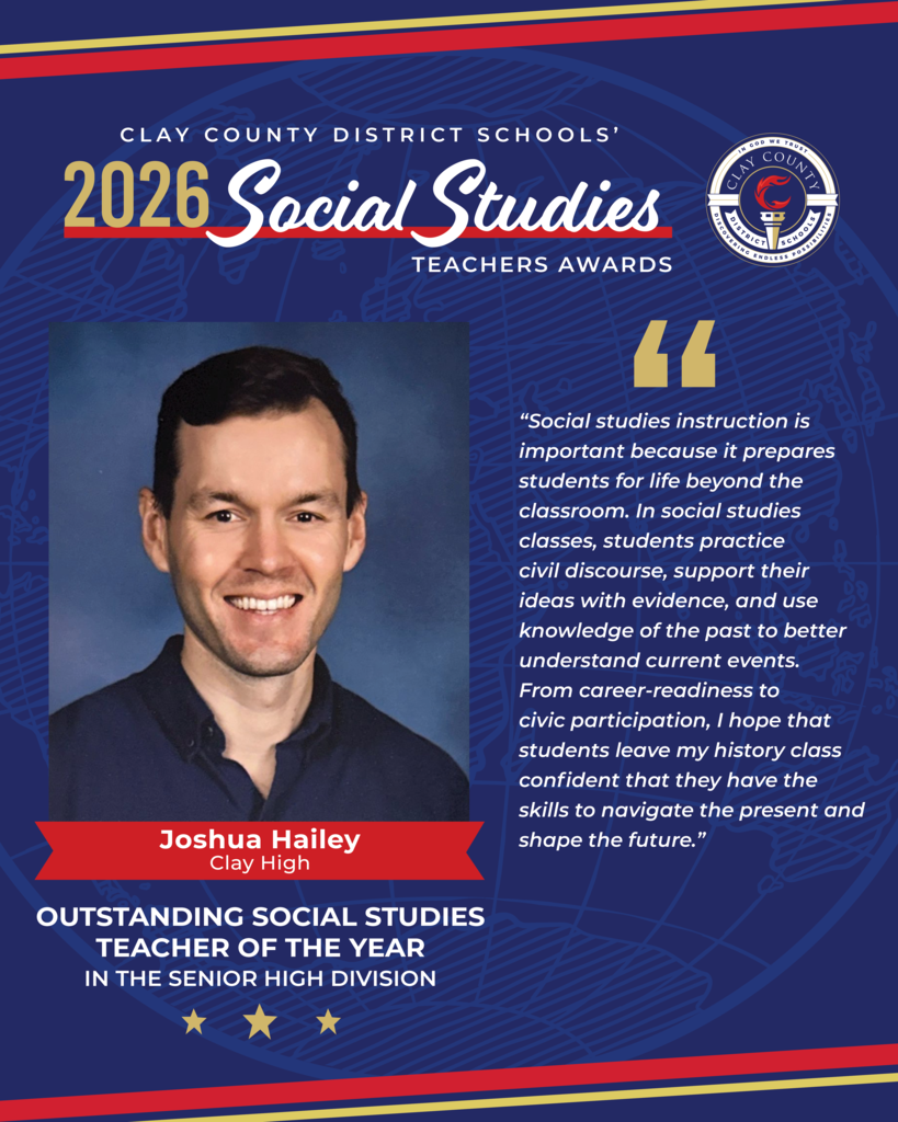 Blue background with a white logo. A smiling man, Joshua Hailey, is featured with a quote on the importance of social studies.