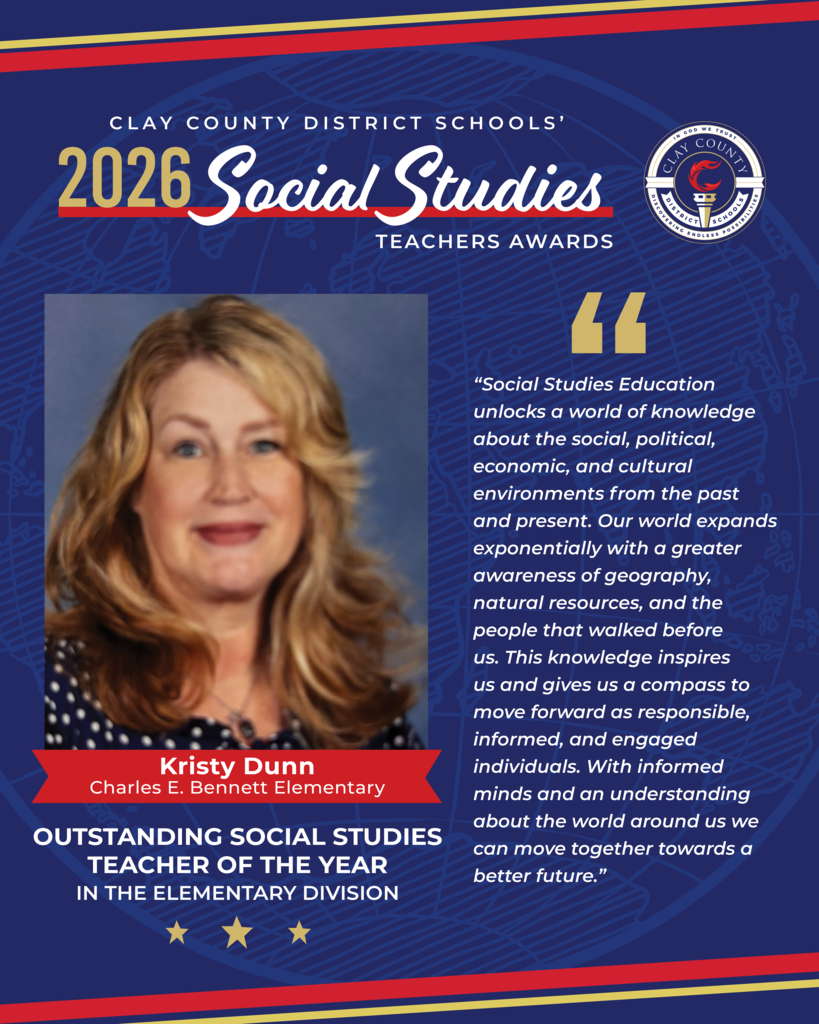 Blue background with a white border. Text reads: "2026 Social Studies Teachers Awards." A photo of a blonde woman with a quote above and a title below.