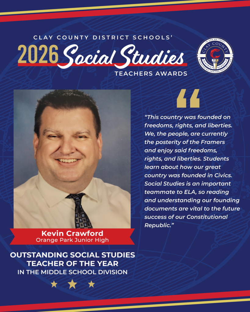 Blue background with text: "2026 Social Studies Teachers Awards" and logo. Photo of a smiling man in a tie and collared shirt. Quote: "Founded on freedom, rights, and liberties. Students learn about our country..."
