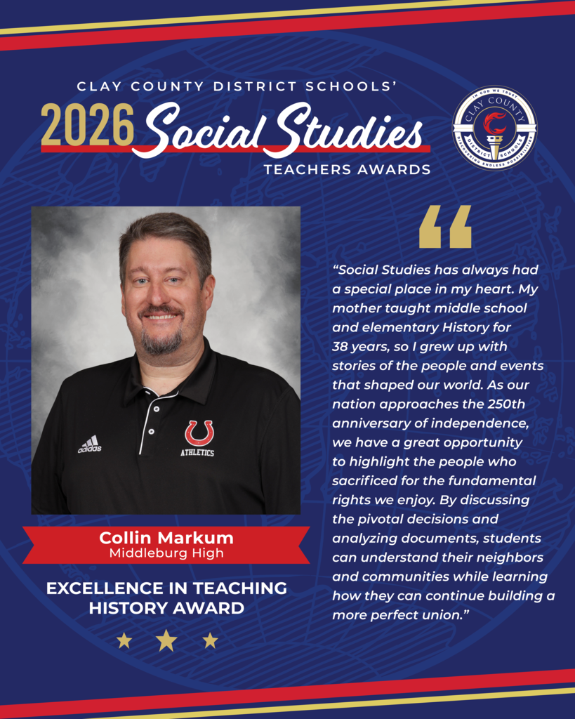 A blue and white graphic with a man's photo. Text reads "2026 Social Studies Teachers Awards." It includes a quote and mentions Collin Markum's teaching award.