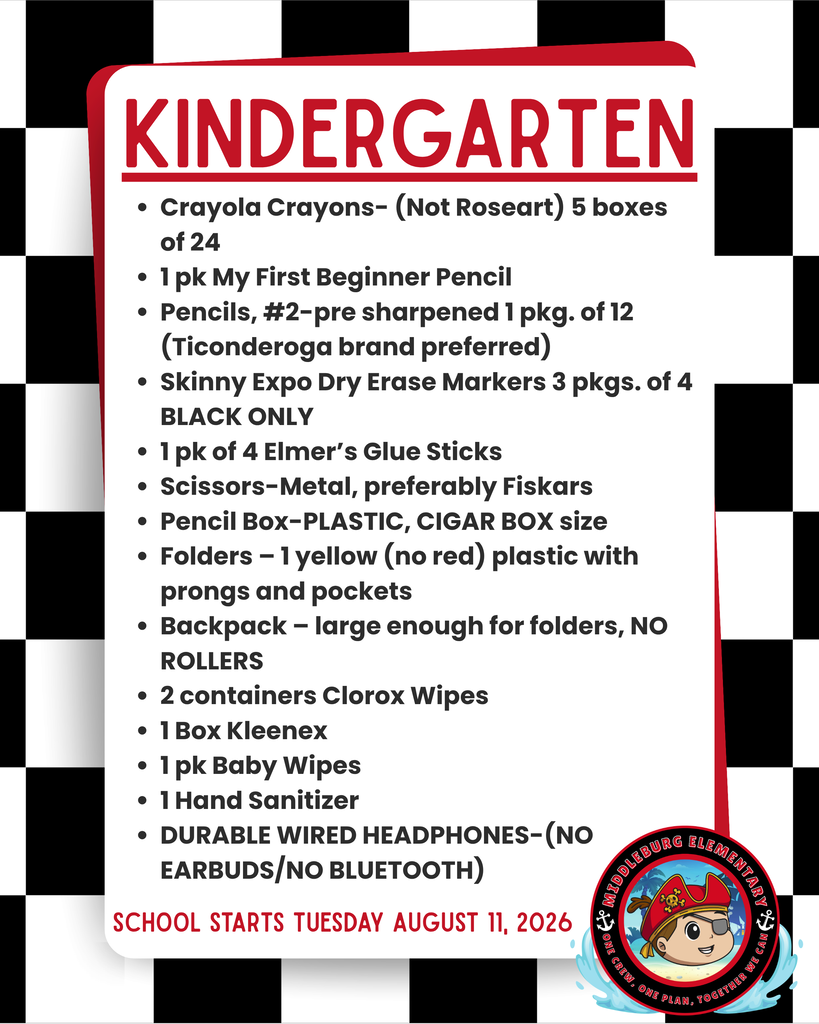 Black and white checkered background. Text reads "Kindergarten" with items for school, including crayons, pencils, glue, scissors, and more.