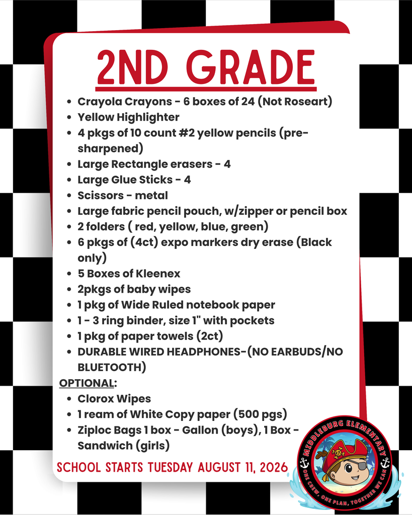 Black and white checkered background. A list of supplies for second grade students, including crayons, pencils, erasers, and more.