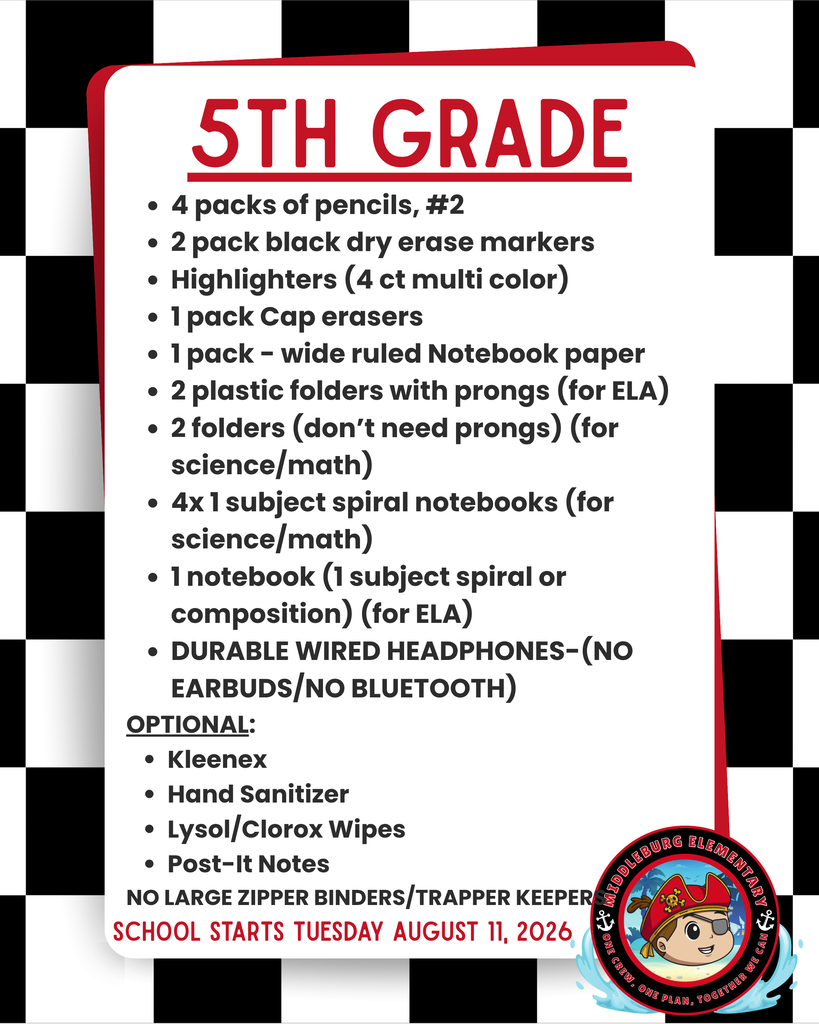 A list of required school supplies for 5th graders is on a black and white checkered background.