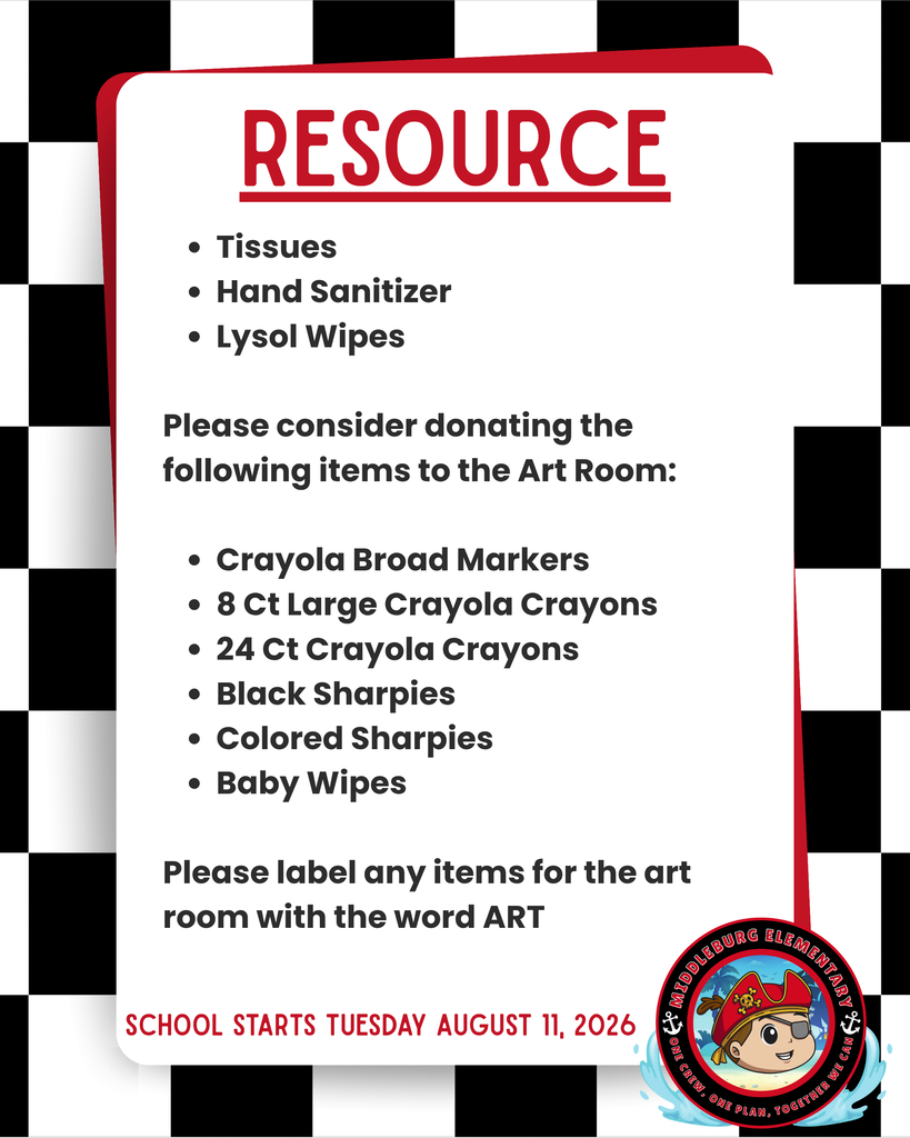 White and black checkered background with a red border. Bold text reads "RESOURCE". List of items includes tissues, hand sanitizer, lysol wipes, and art supplies.