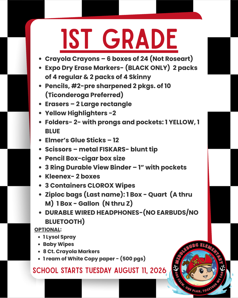 A white and black-checkered list of school supplies for first graders. It includes crayons, pencils, glue sticks, scissors, folders, and more.